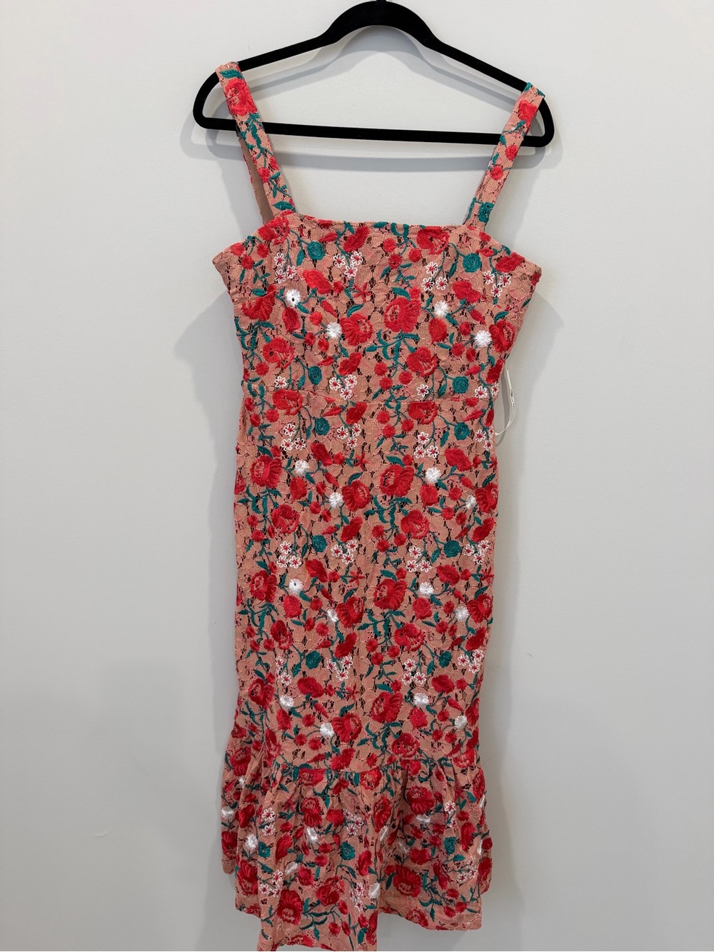 Lovers + Friends Pink Floral Midi Dress with Red Roses